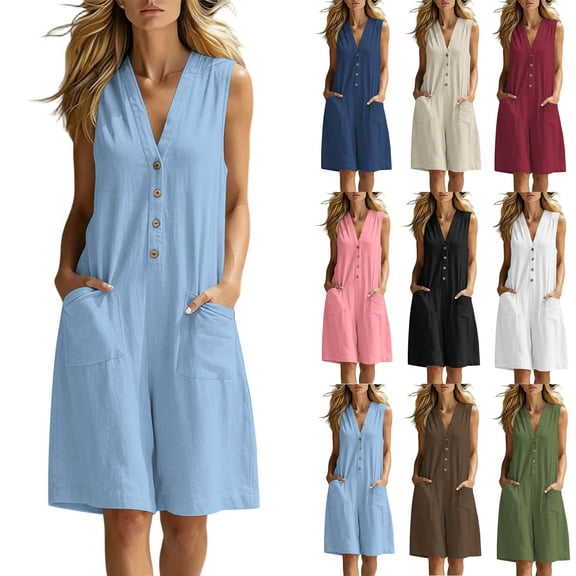 Tqcoqu Overall Shorts for Women,Sleeveless V-Neck Button Down Romper,Casual Loose Fit Summer Short Jumpsuit with Pockets,Army Green Women's S-XXL