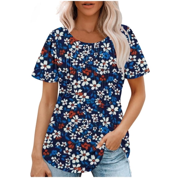Raeneomay Short Sleeve Tunic Tops Fit Pleated Blouse Shirts Fashionable Women's Casual Short Sleeved Loose Round Neck Printed Top