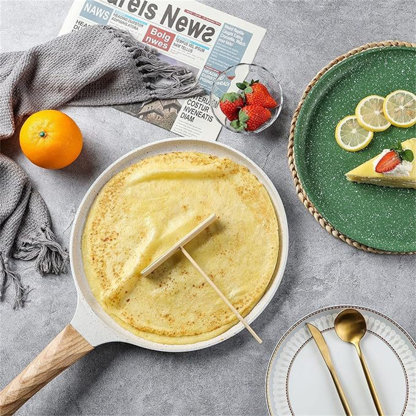 Kingtowag White Granite-Coated Frying Pan 20X20Cm, Non-Stick Crepe Pan with Spreader, Compatible with All Stovetops for Easy Cooking