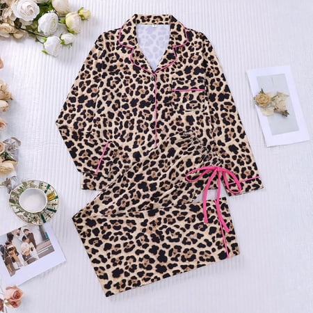 YMNXA Pajamas For Women Set Long Sleeve Lapel Buttons Leopard Print Tops And Pants Comfortable Soft Two Piece Outfit For Daily Wear Khaki M