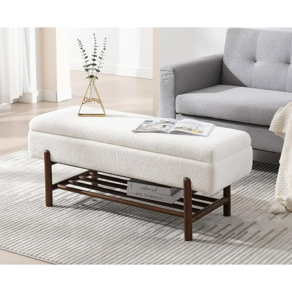 EALSON Modern Storage Ottoman Bench Sherpa Upholstered End of Bench with Seating and Wood Shoe Rack Long Entryway Bench for Bedroom/Living Room/Foyer, Beige