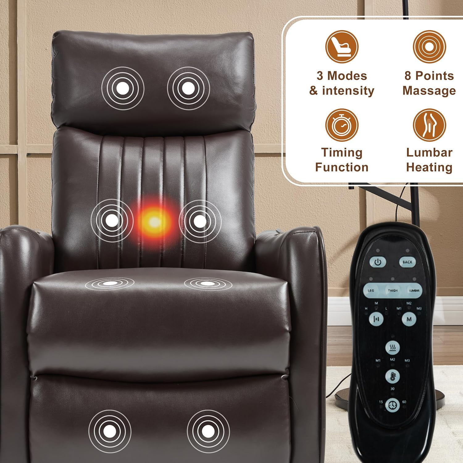 Ywen Manual Swivel Rocker Recliner Chair for Adults, Overstuffed Recliner Glider with Massage and Heat, Living Room Reclining Chair, PU Leather Dark Brown