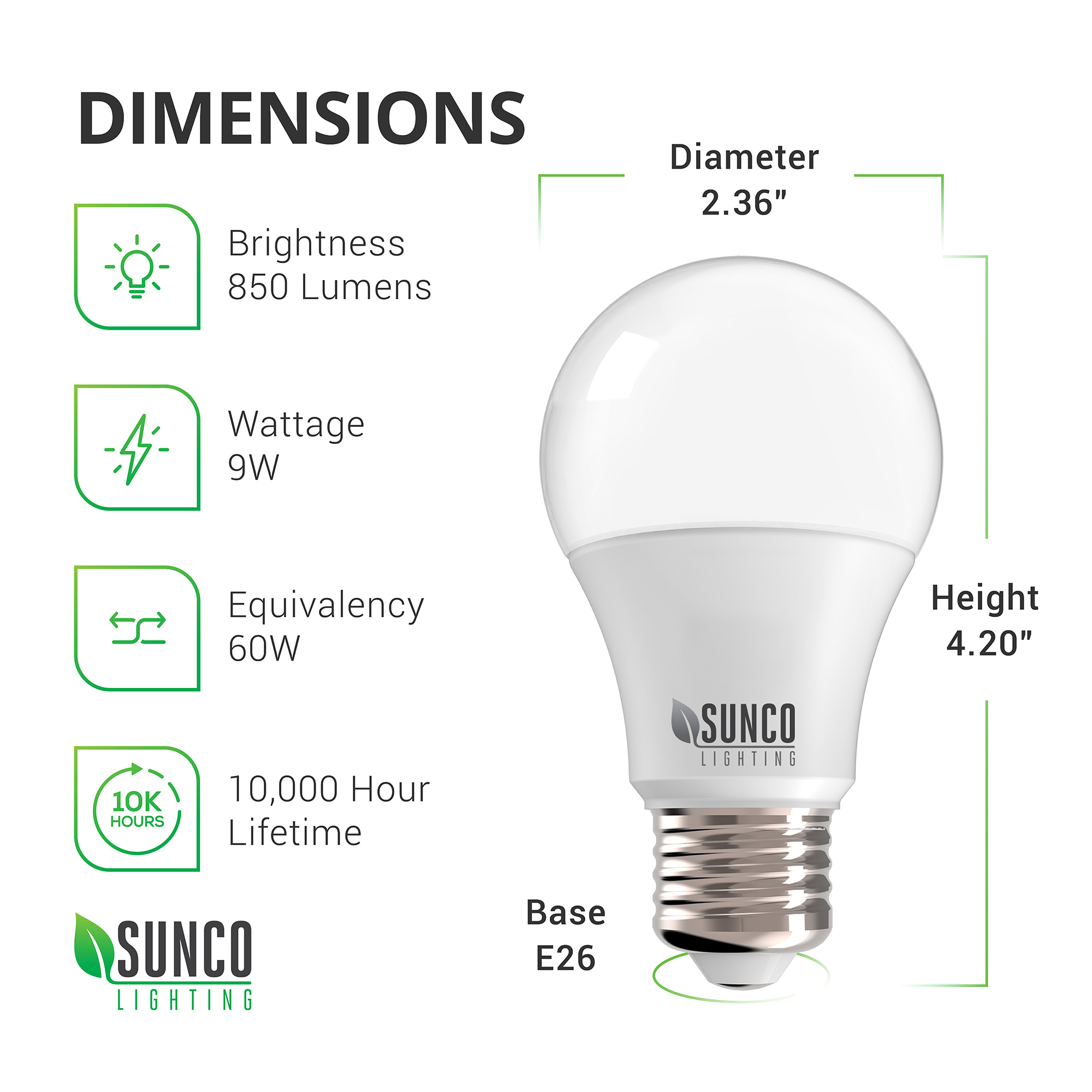 Sunco Lighting 12 Pack A19 LED Bulb, 9W=60W, 5000K Daylight, 850 LM, Non-Dimmable, E26 Base, Indoor Light - UL