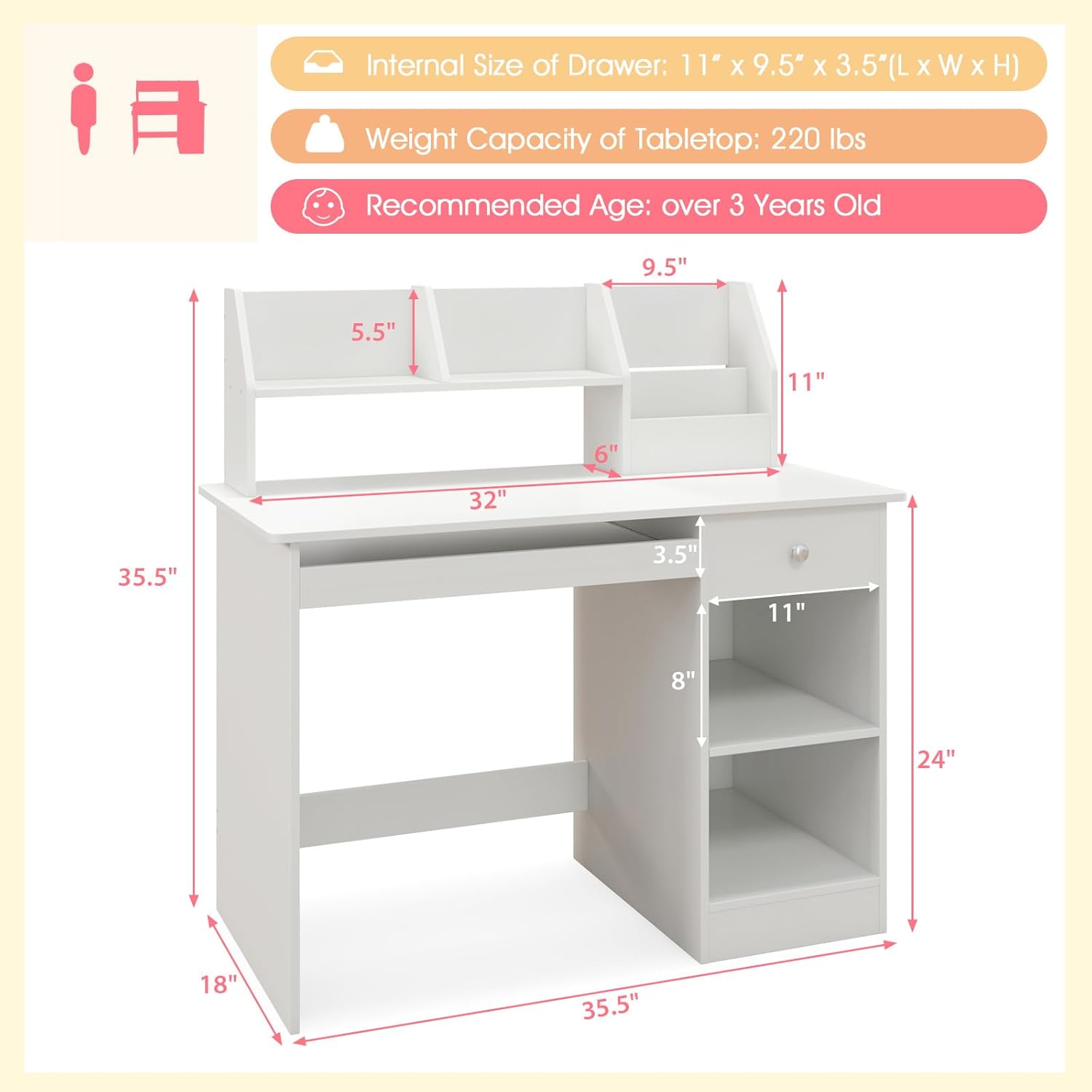 Kids Study Desk, Children Wooden Writing Table with Hutch, Bookshelf, Drawer, Keyboard Tray, Storage Shelves, White Student Computer Desk Workstation for Home School Use, Gift for Boys Girls