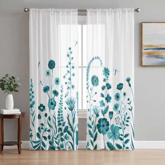 Teal Spring Floral Sheer Curtains 84 Inch Length 2 Panels Set, Watercolor Flowers Elegant Pastoral Voile Window Treatment Rod Pocket Curtains Sheers Drapes for Bedroom/Living Room/Kitchen 52"x84"x2
