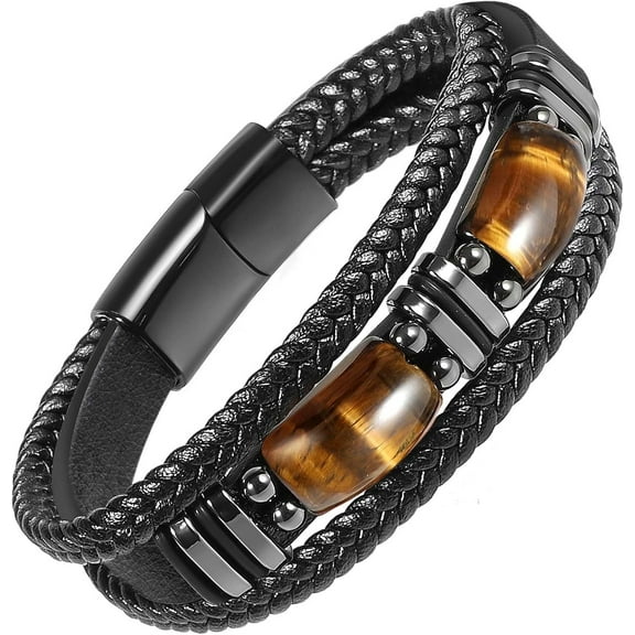 Tiger Eye Black Leather Bracelet Men Natural Tiger Eye Gemstone Crystal Stone Jewelry Handmade Courage And Stress Relief Protection Bracelet