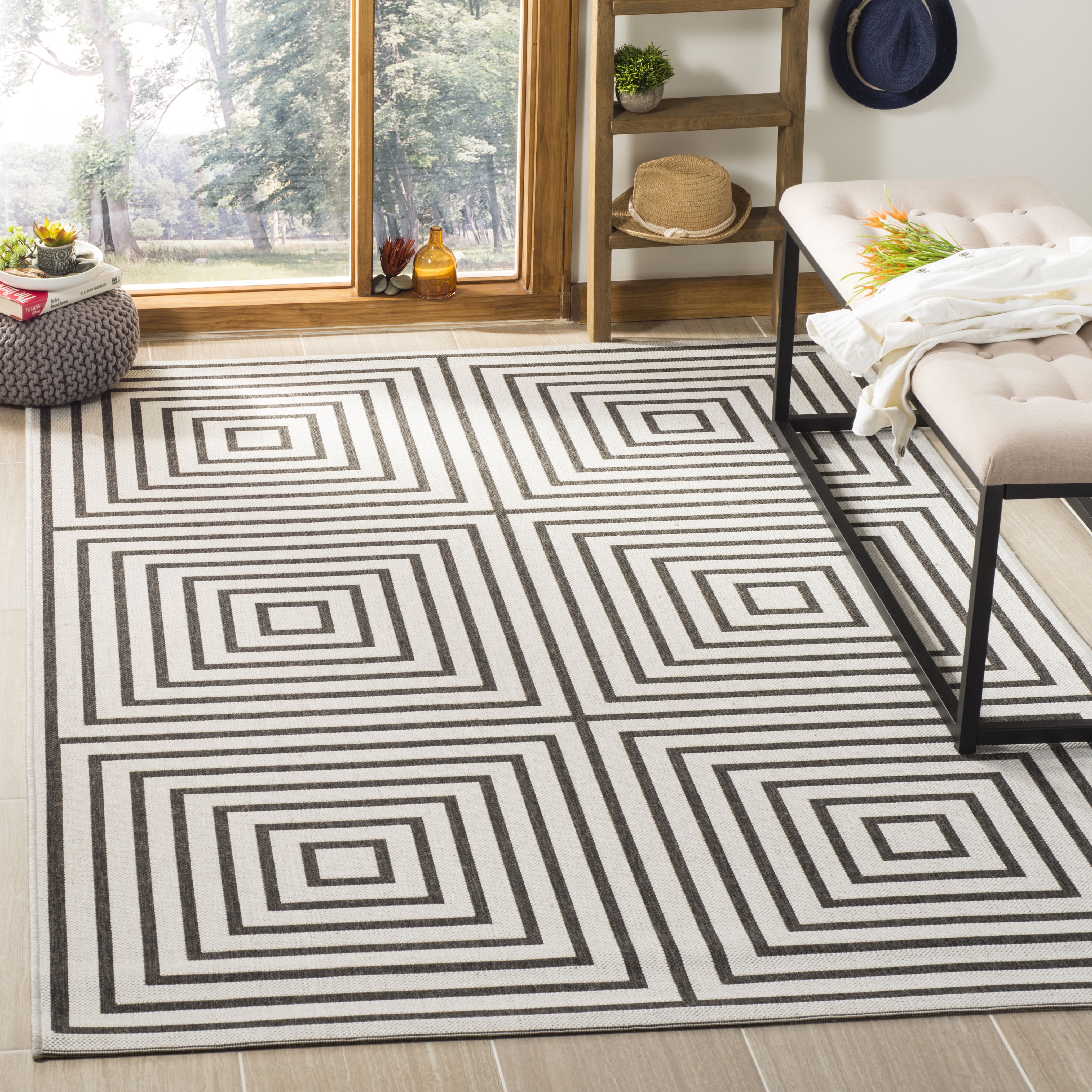 SAFAVIEH Linden Amelia Geometric Squares Area Rug, Light Grey/Charcoal