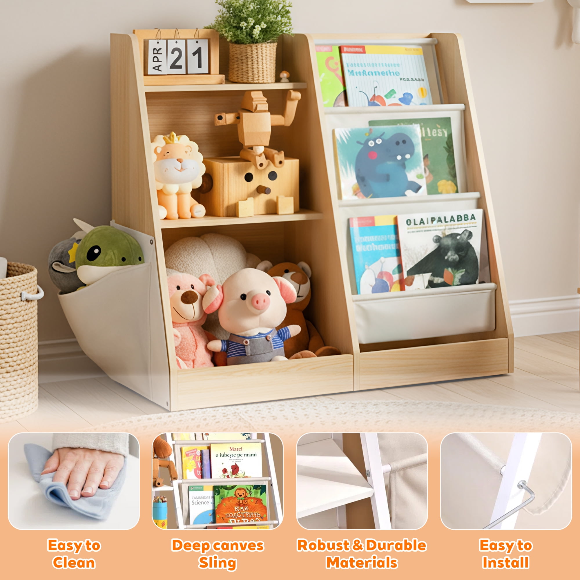 MAYEERTY Natural Wood Kids Bookshelf, 3-Tier Bookcase with Side Pocket, Children's Storage Organizer for Books & Toys
