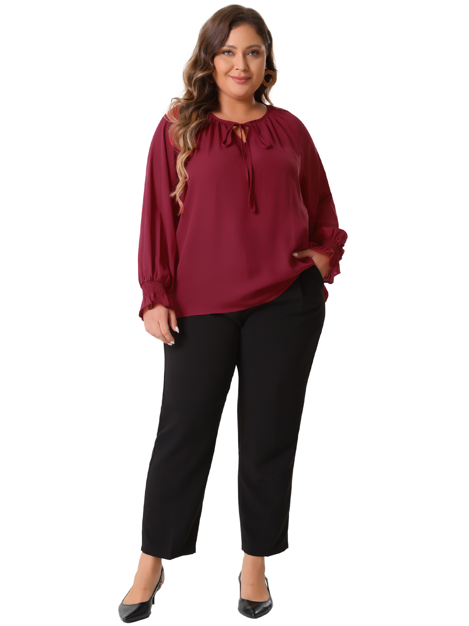 DARING DIVA Women's Plus Casual V Neck Drawstring Long Sleeve Blouse 4X Burgundy