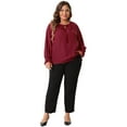 thumbnail image 3 of DARING DIVA Women's Plus Casual V Neck Drawstring Long Sleeve Blouse 1X Burgundy, 3 of 6