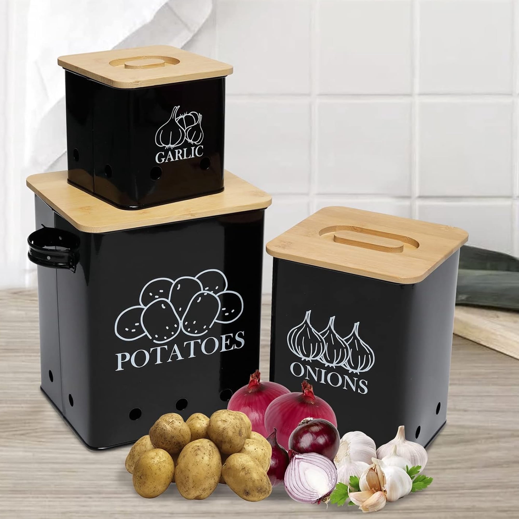 Pethiy Kitchen Canisters Set, Storage Bin for Potato Onion & Garlic, 3 Pack Set Countertop Pots Containers with Wooden Lid - Potato Storage, Garlic Bin, Onion Keeper Tin with Aerating Holes-Black