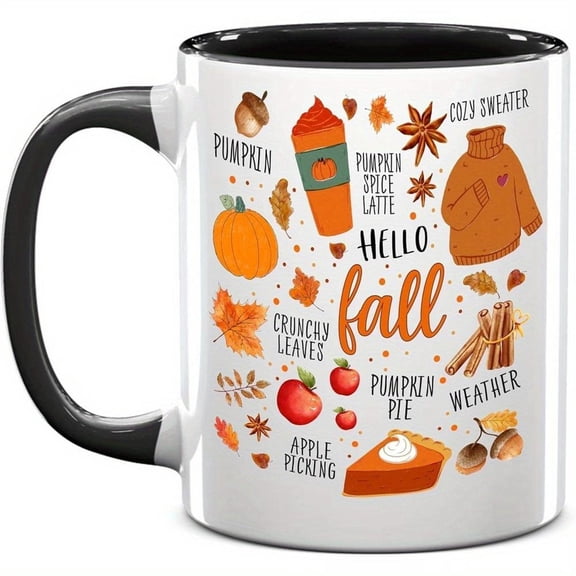 Autumn Coffee Mug Black 11oz Pumpkin Spice Theme Ceramic Cup with Lid Women Sweet Fruit Fall Decorative Idea Thanksgiving Present Halloween Mug Gifts