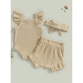 thumbnail image 5 of Hirigin Newborn Baby Girl Summer Outfit 0 3 6 12 18 Months Fly Sleeve Solid Color Ribbed Romper Tops Drawstring Short Pants Headband Set, 5 of 8