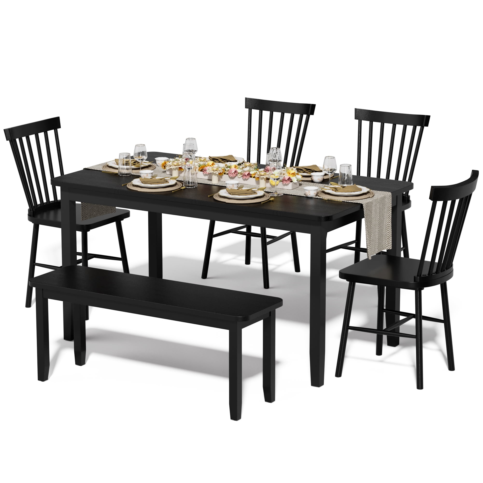 Lacoo Modern Simple Solid Wood Dining Table Set 6-Piece, 1 Table 4 Chairs 1 Bench, Kitchen Dining Room Furniture Set, Multiple Colors Available