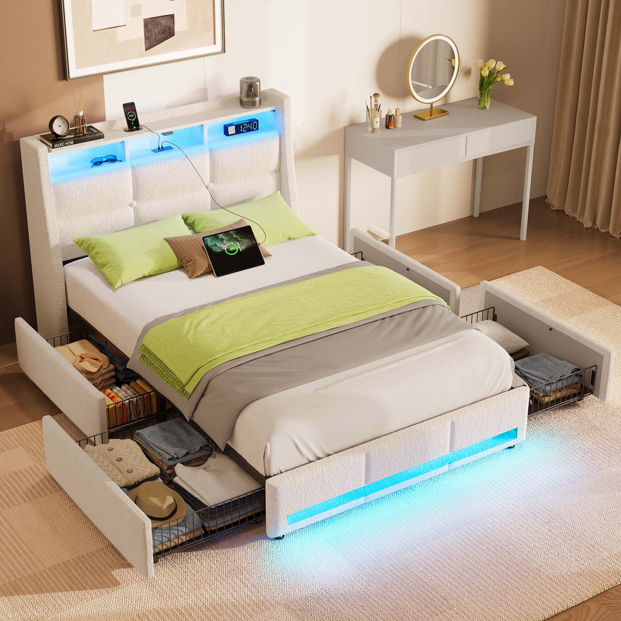 Greenstell Twin Bed Frame with LED Lights, USB & Type-C Charging, Wingback Storage Headboard and 4 Drawers White