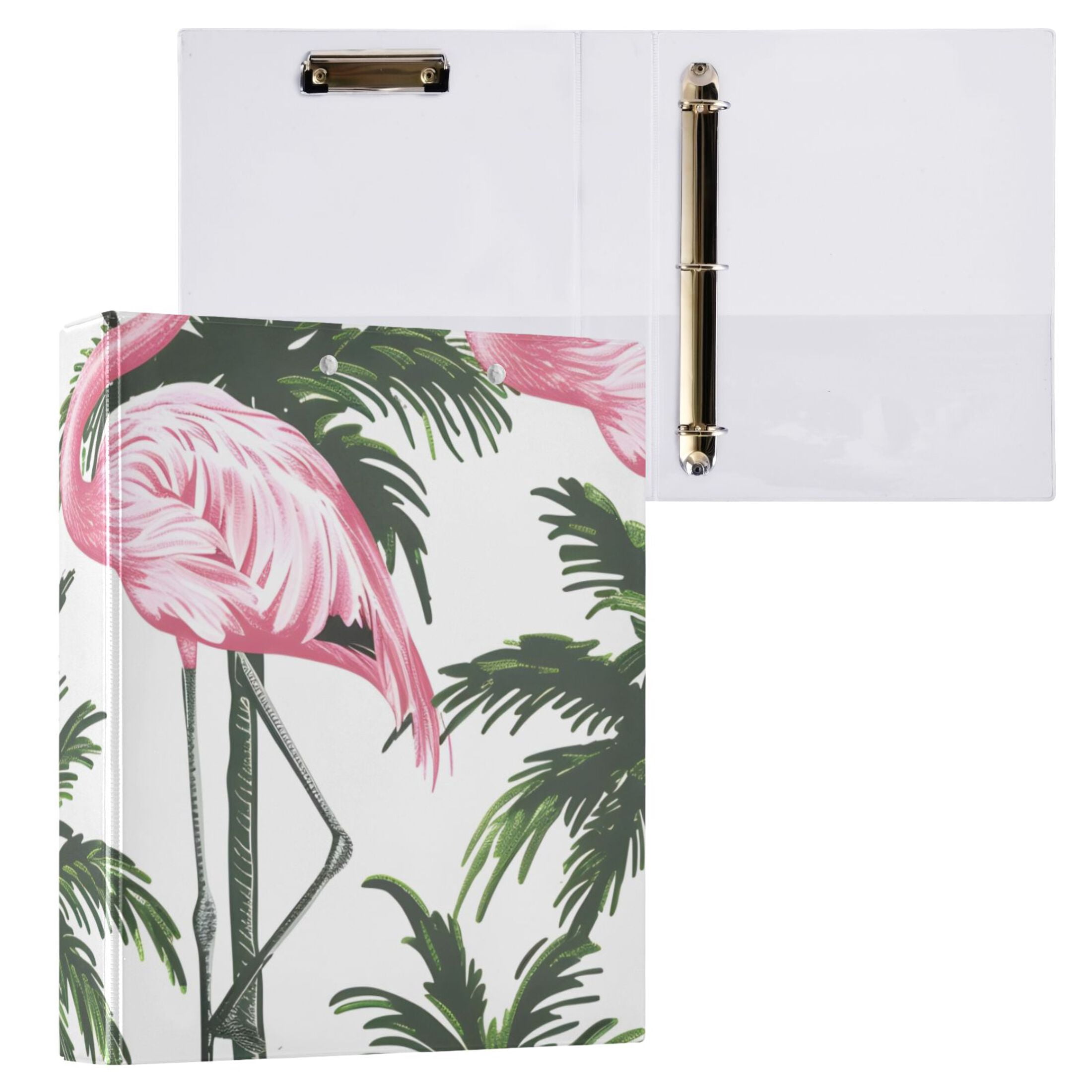 Flamingo with Palm Trees 3 Ring Binders 1.5 inch Hardcover File Folders with Interior Pockets A4 Size Organizer for School Office Hospital