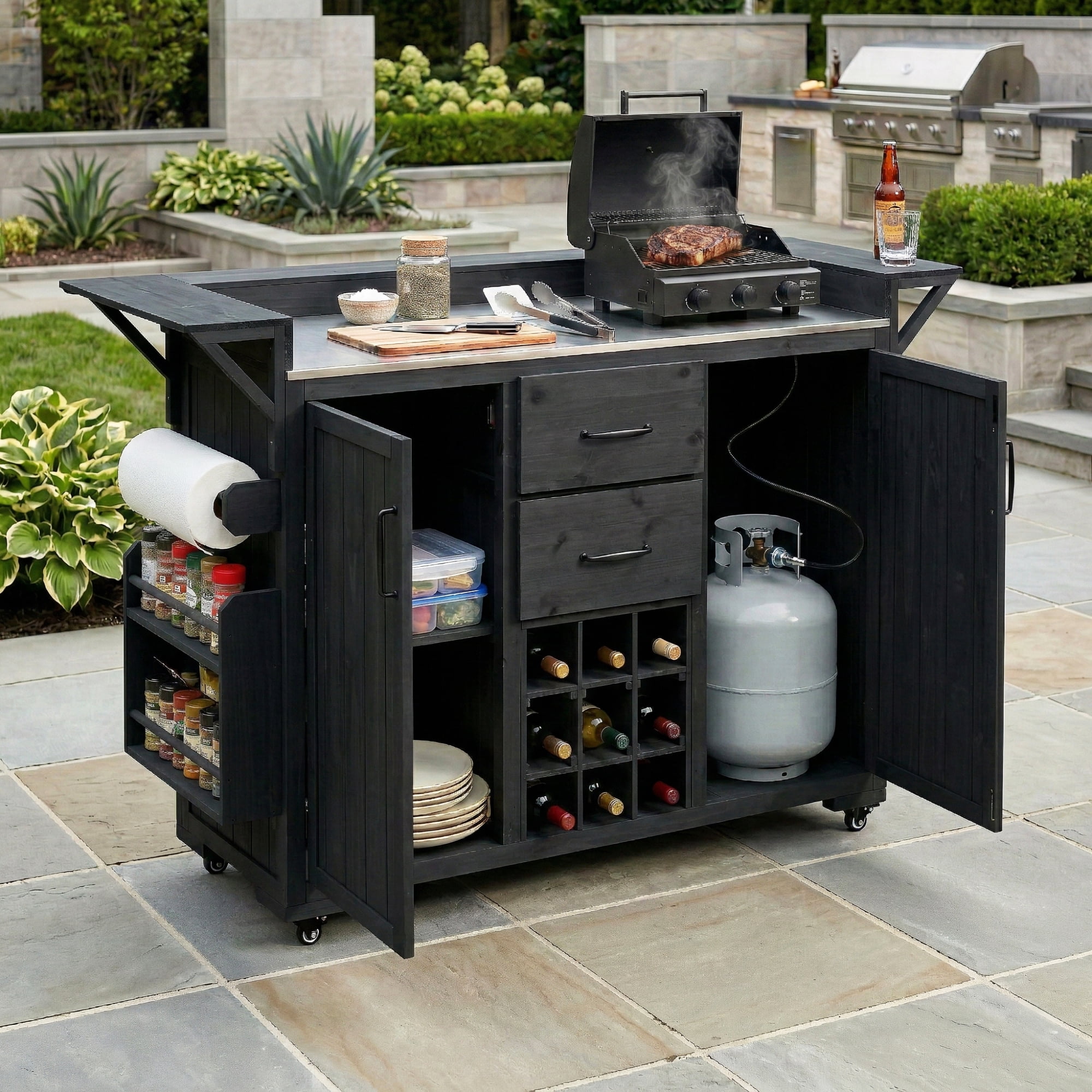 YIYADO Modern 60.2''W Outdoor Kitchen Island with Wheels, Rolling Patio BBQ Kitchen Cart with Stainless Steel Top, Wood Grill Cart with Spice Rack & Wine Rack, 2 Drawers, Black