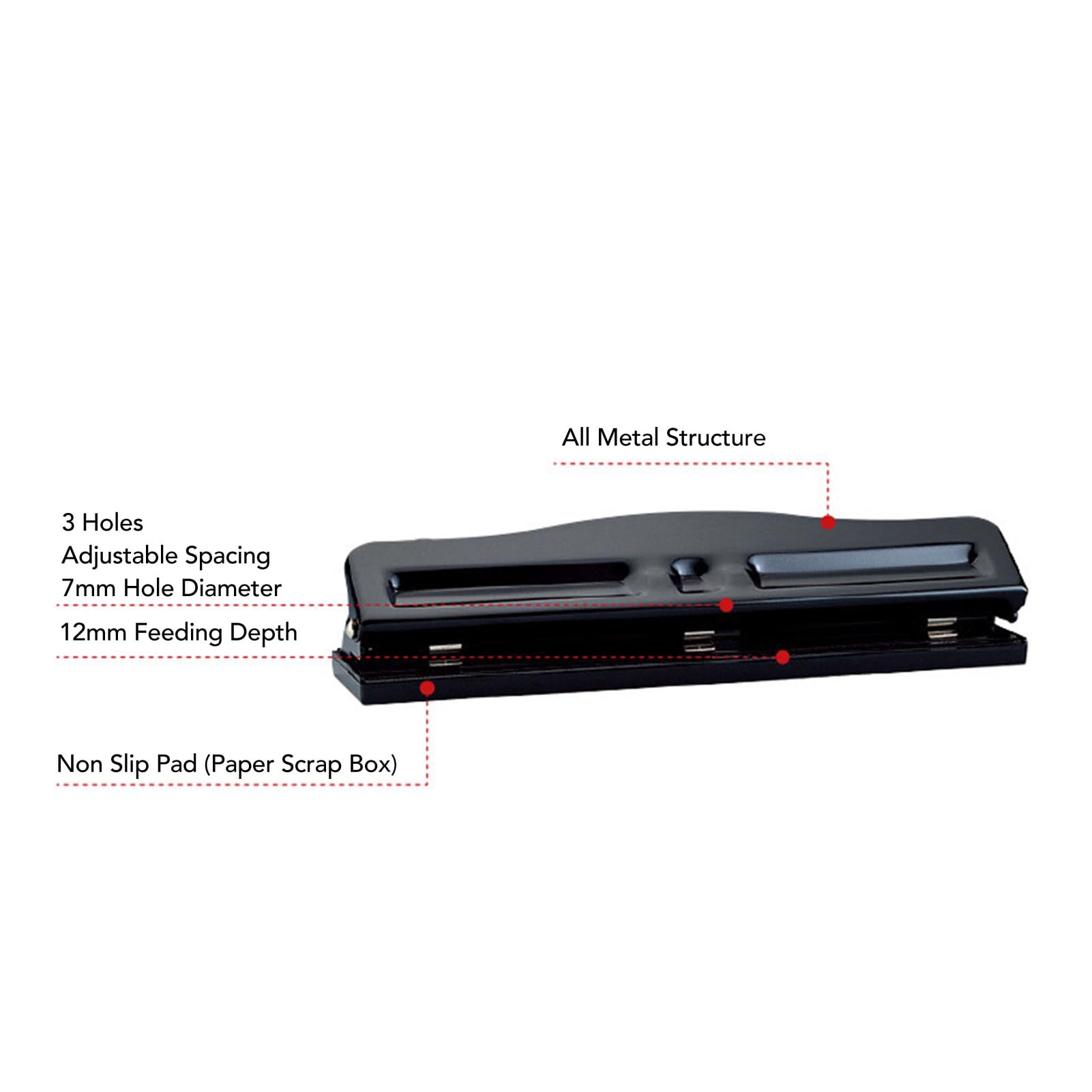 Portable 3,Hole Paper Punch, Metal Construction, Adjustable Distance, Replaceable Blade