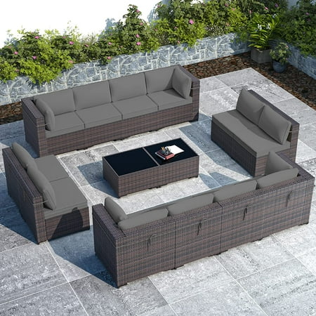 Gotland Outdoor Patio Furniture Set 14 Pieces Sectional Rattan Sofa Set PE Rattan Wicker Patio Conversation Set with Seat Cushions and Tempered Glass Table grey