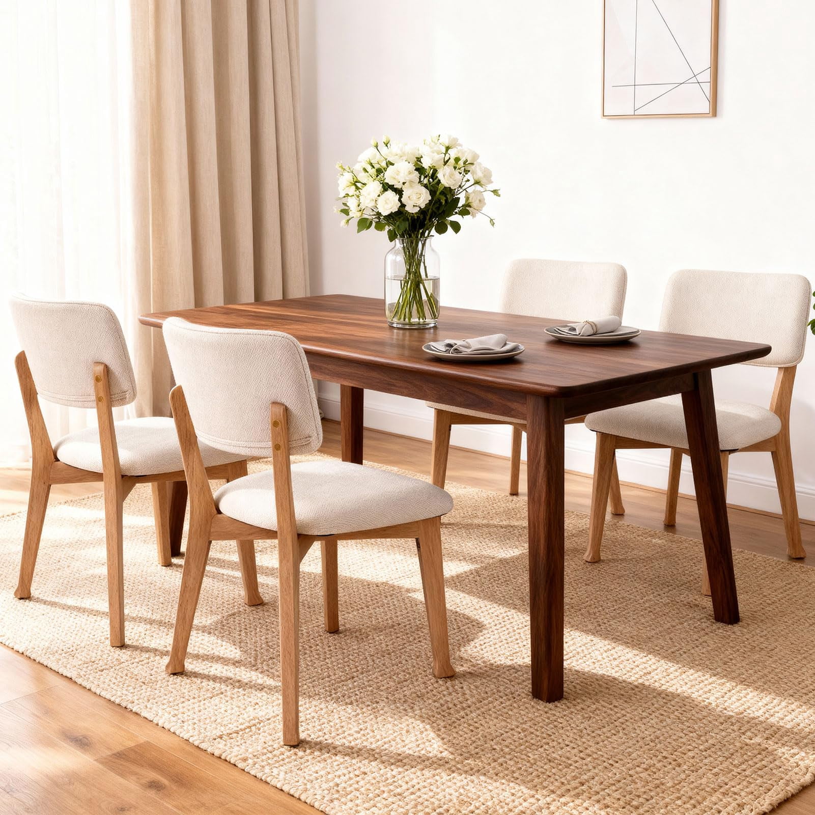 Wooden Dining Chairs Set of 2, Fabric Upholstered Kitchen Chairs with Curved Backrest, 300LBS Capacity