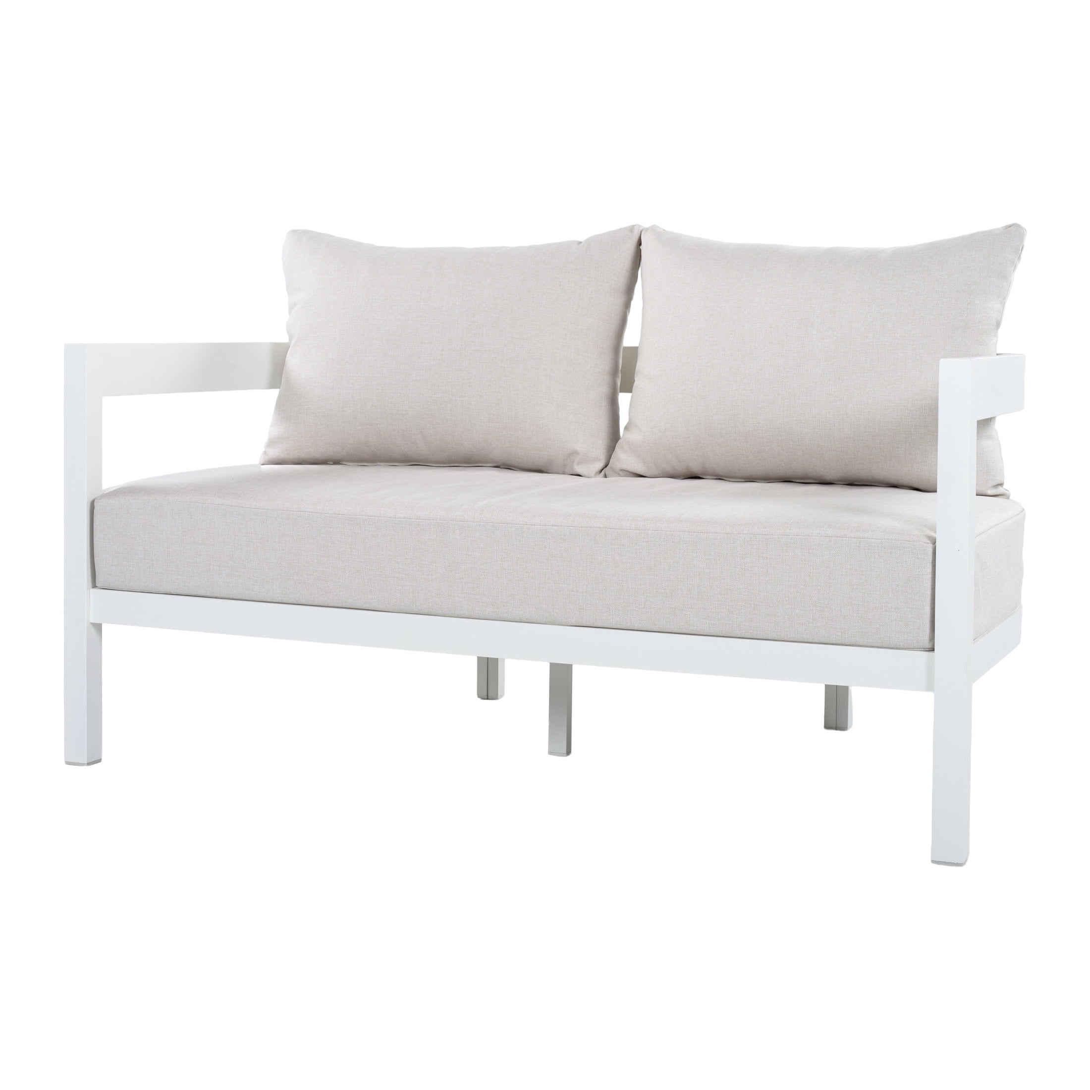 Christopher Knight Home Outdoor Aluminum Loveseat with Cushions, Curved Back, White + Beige