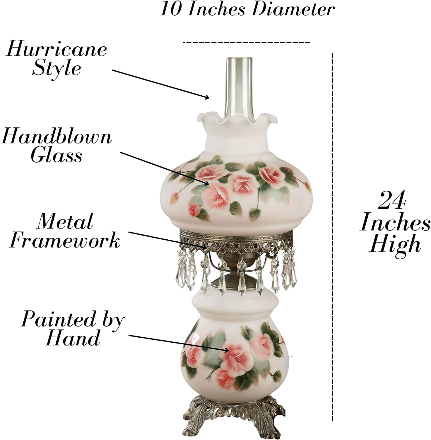 Adelaide Hurricane Table Lamp with Handpainted Pink Roses on Scalloped Glass Shade and Faux Crystal Beads 24 Inches High