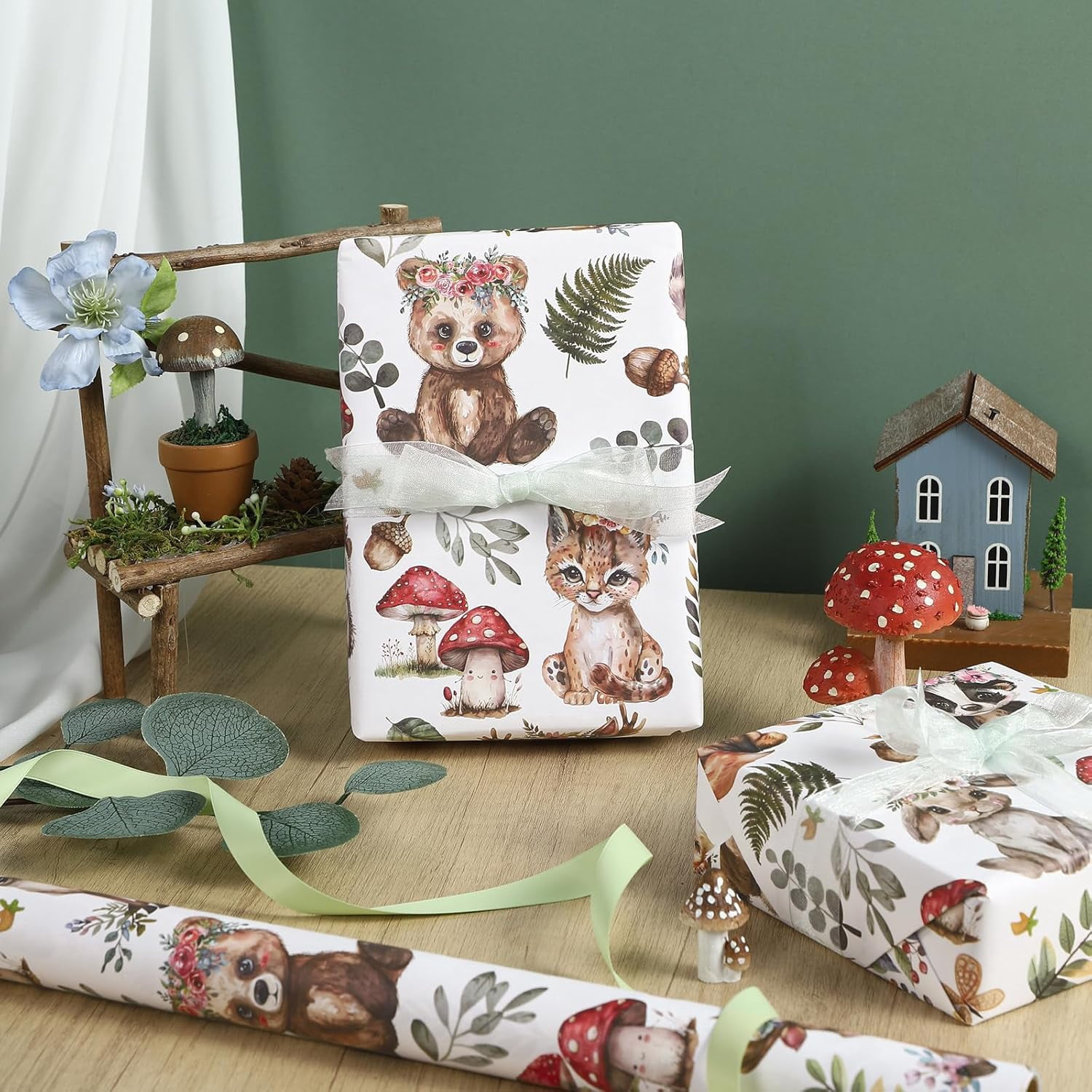 Kraft Woodland Animal Wrapping Paper Roll - Mini Roll - 17 Inch x 16.5 Feet - Greenery Woodland Forest Animals Design Perfect for Baby Shower, Kids Girls Boys Birthday