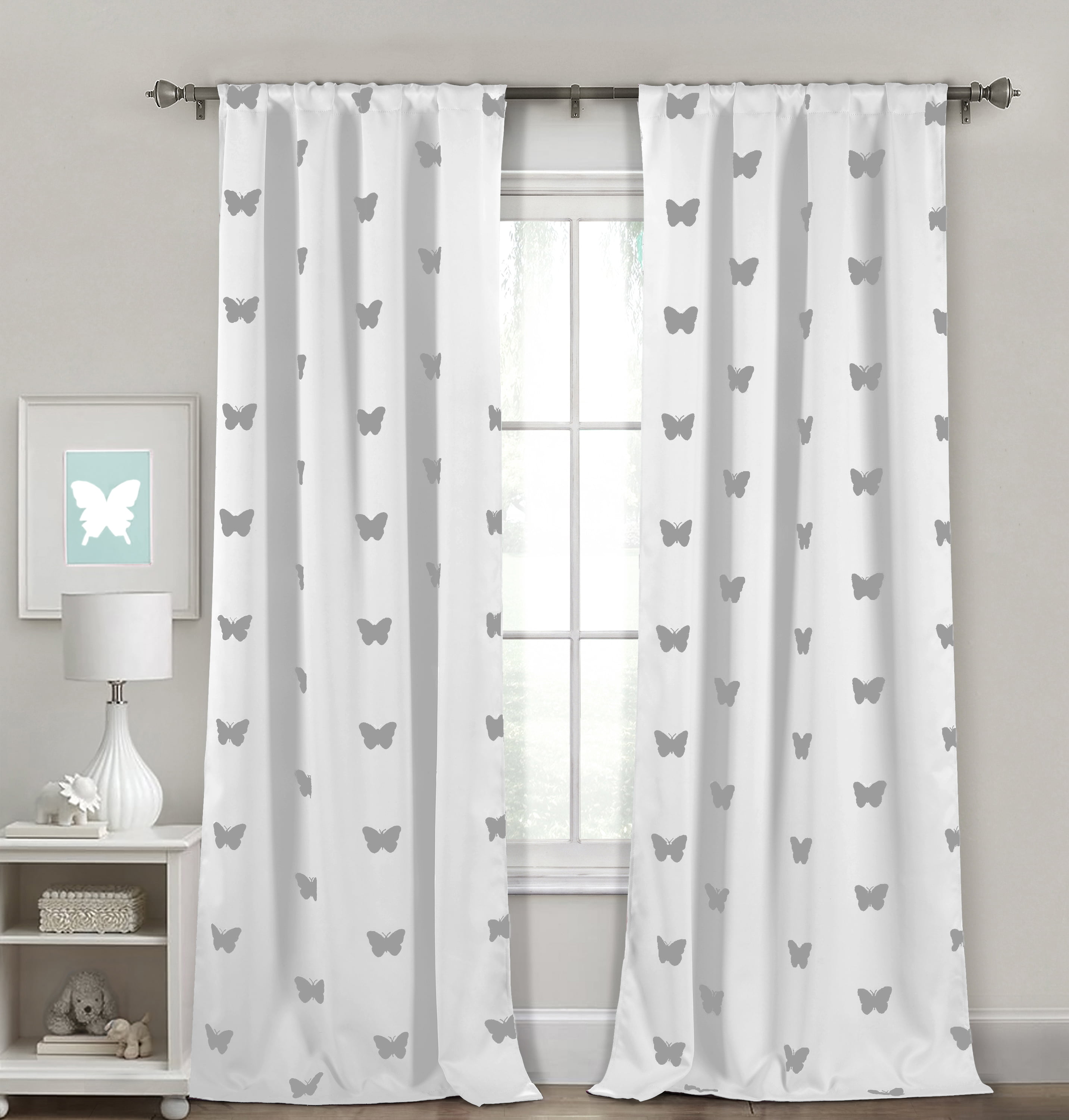 Butterfly Print Blackout Thermal Pole Top Window Curtains Pair Panel Set of 2 