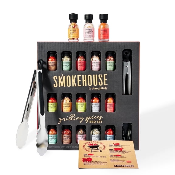 Smokehouse by Thoughtfully Grilling Spices Bbq Set, Granules, Includes Bbq Tongs, Magnet and Flavorful Seasoning and Rubs, Father’s Day Gifts, Set of 15