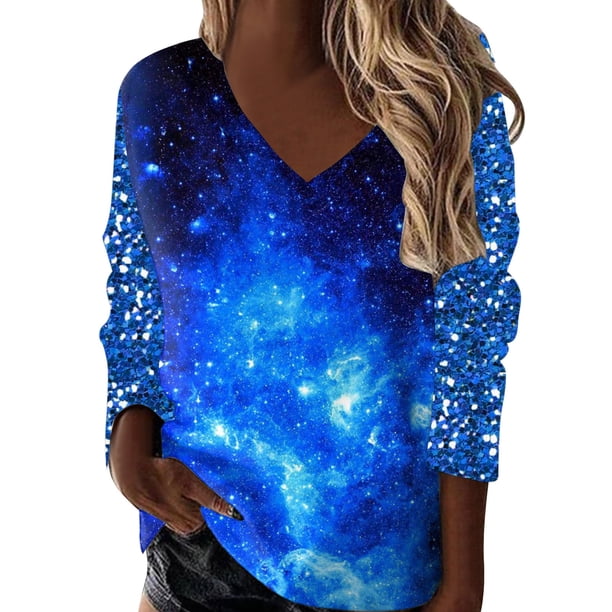 Gibobby Camisas Para Mujer Elegantes Camiseta de manga larga con cuello en V y estampado a la moda para mujer(Azul, XL)