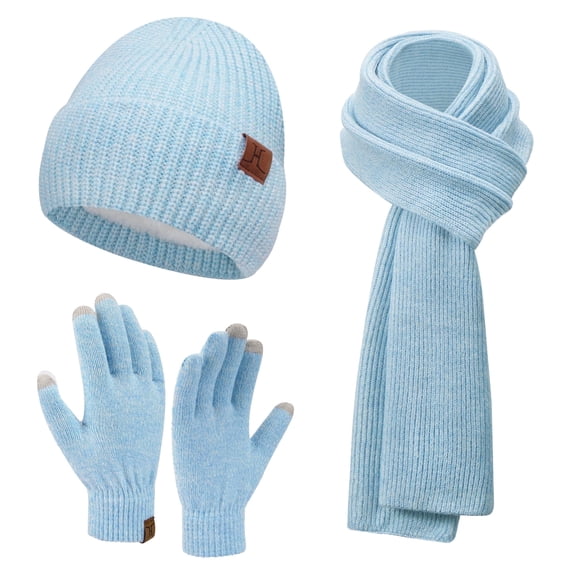 FZ FANTASTIC ZONE Womens Winter Warm Beanie Hats Long Scarf Touchscreen Gloves Set Knit Neck Scarves Skull Caps with Fleece Gifts for Women Bluewhite