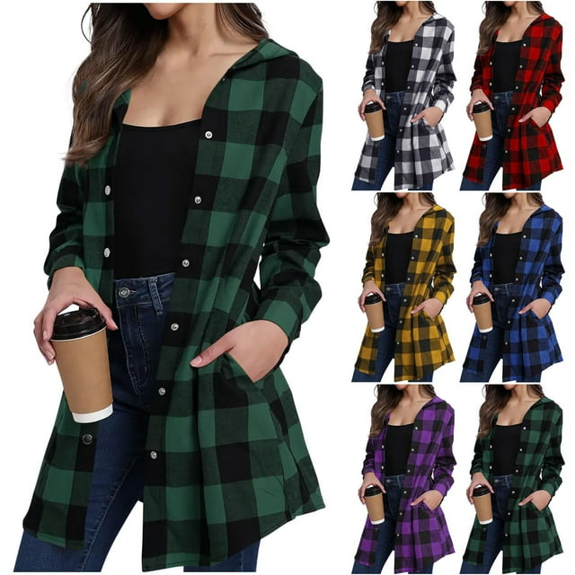 LSLJS Womens Button Down Shirts Plaid Long Sleeve Shirts for Women Super Long Hooded Shirts Fall Business Casual Blouses Lightweight Work Tops