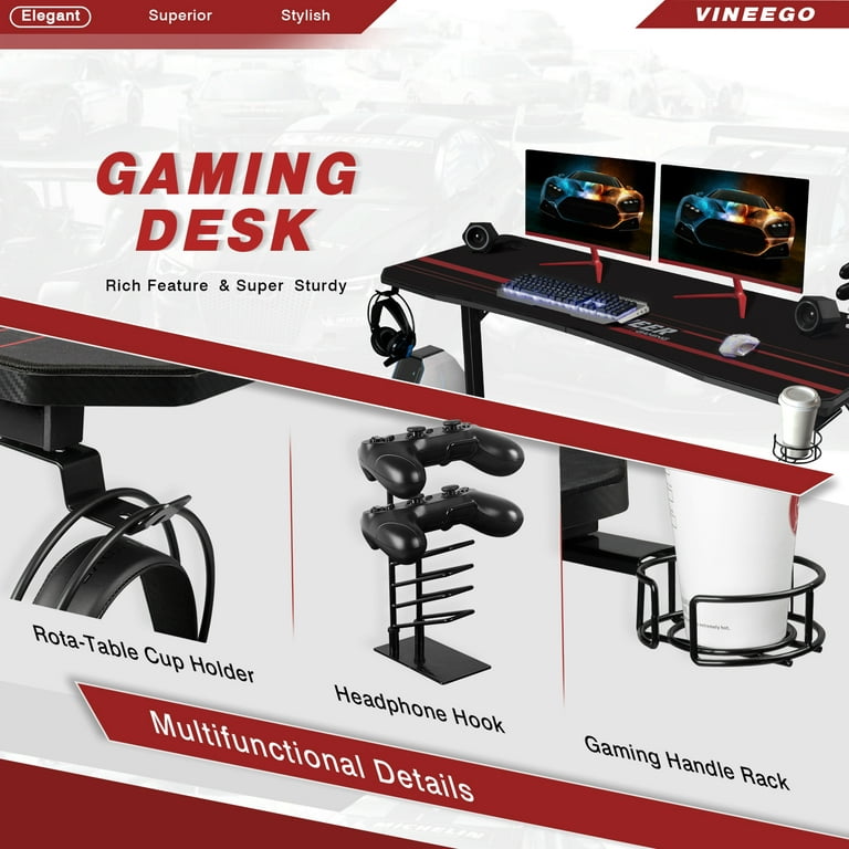  FUSLITE 63 Inch Gaming Desk, with Carbon Fiber Surface,  Lightning-Shaped PC Computer Table, with Headphone Holder, Cup Holder,  Cable Management Box, Gaming Table for Gamer, Black&Pink : Home & Kitchen