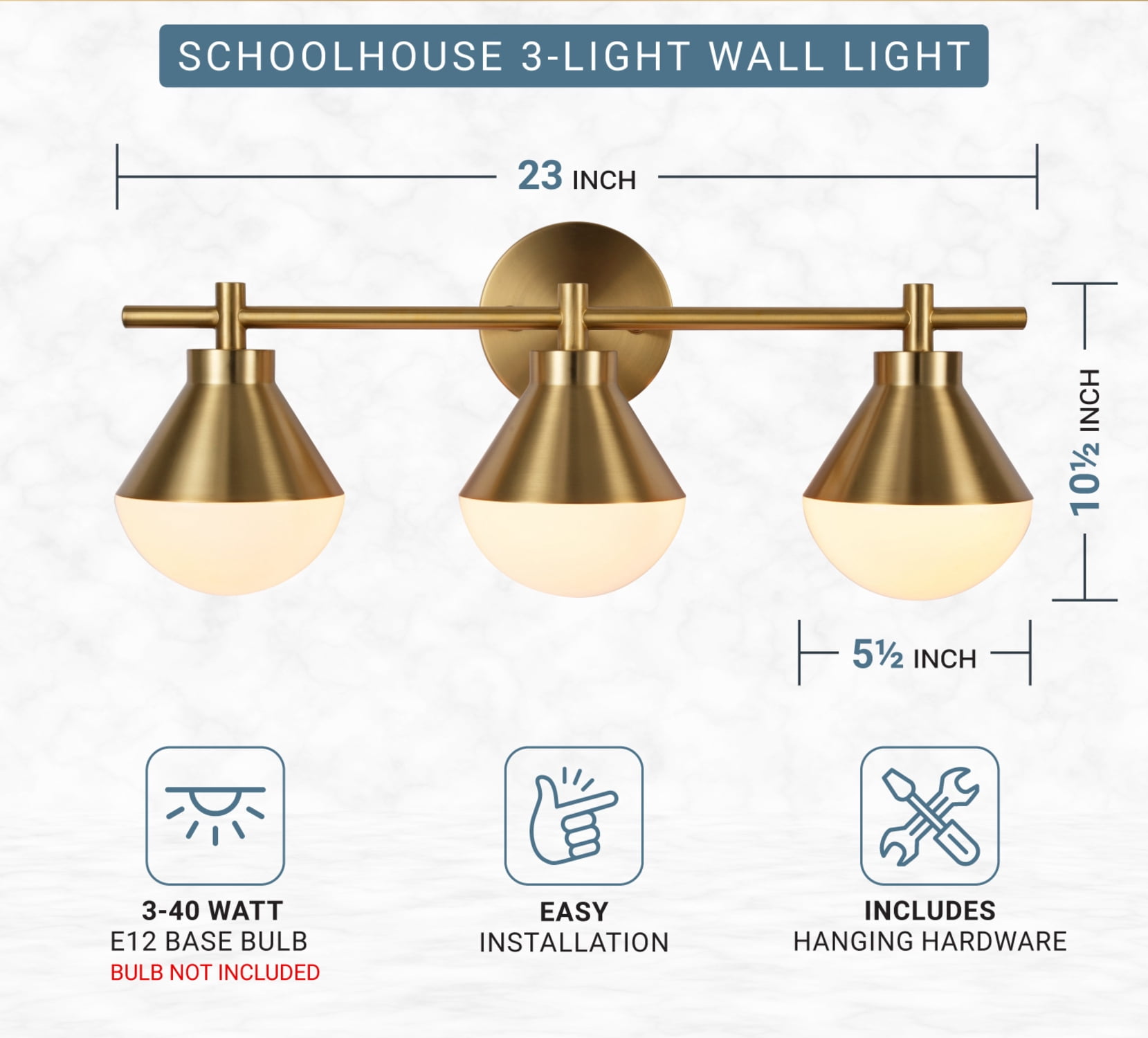 Kenroy Home Schoolhouse 23'' Vanity Light 3-Light Wall Light Fixture Transitional Table Light Fixture for Bathroom, Hallway, or Office, Brushed Gold