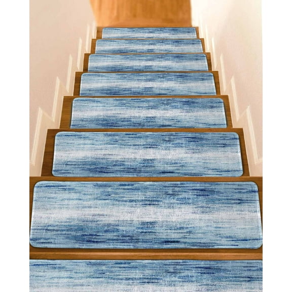 Vintage Blue Stair Treads for Wooden Steps Indoor Runner Rug Carpet, Retro Blue Ombre Modern Abstract Art 7 Pieces Peel and Stick Staircase Step Treads Covers Washable Throw Door Mats, 30"x8"