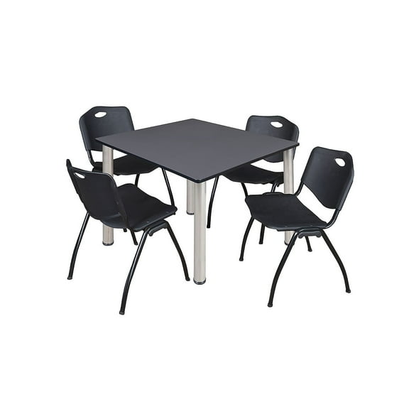 Regency Kee 48 in Square Breakroom Table- Grey Top, Chrome Legs, 4 M Stack Chairs- Black