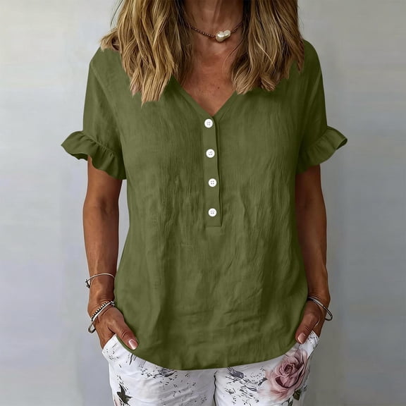 ClodeEU Women's Linen Blend V Neck Short Sleeve Blouse,Casual Loose Fit Summer Shirt Army Green,Women's Plus L