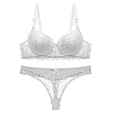 MRULIC womens underwear Women Lingerie Lace Flowers Push Up Top Bra Pants Underwear Set Sleepwear White + 44D