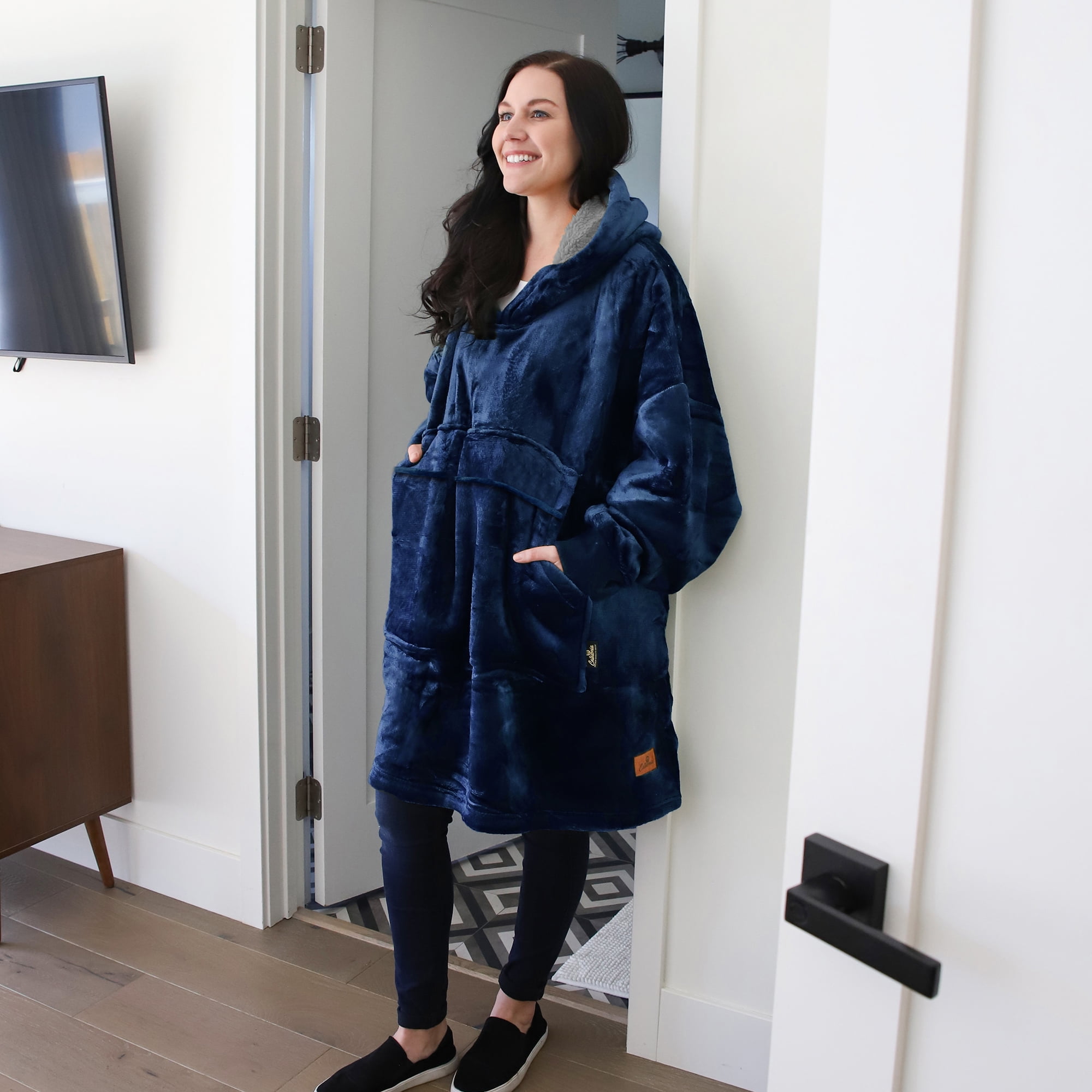 Catalonia Oversized Blanket Hoodie Sweatshirt, Comfortable Wearable Blanket Pullover Adults, Blue Silver