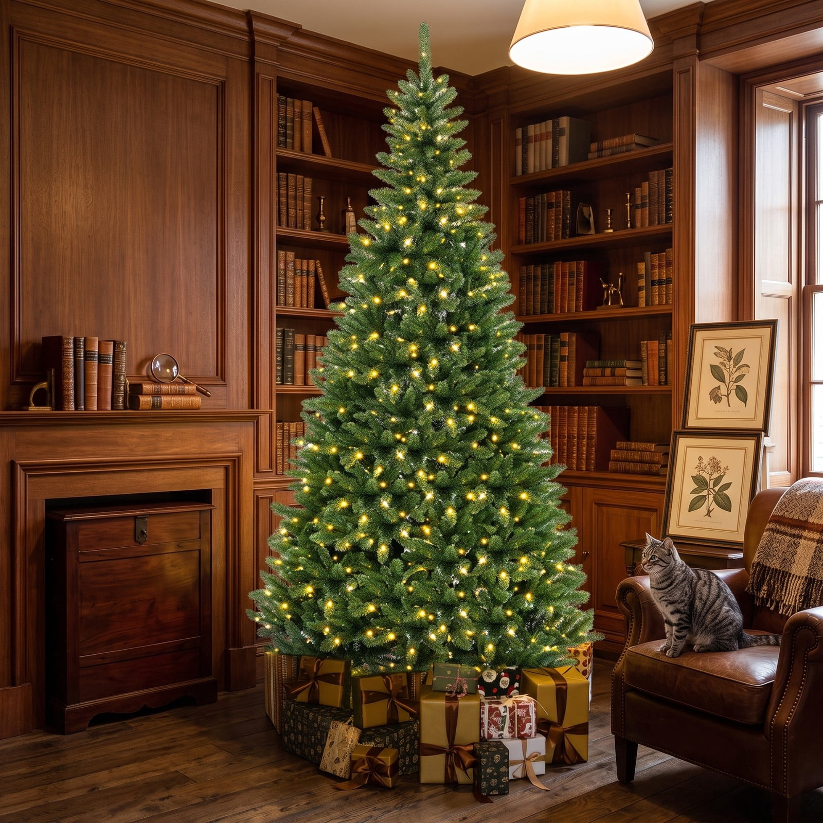 RUIE 8 FT Corner Artificial Christmas Tree, 1137 Branch Tips 360 Warm White LED Lights, Space-Saving 270 Degree Pre-Lit Hinged Xmas Tree with Metal Stand for, Green