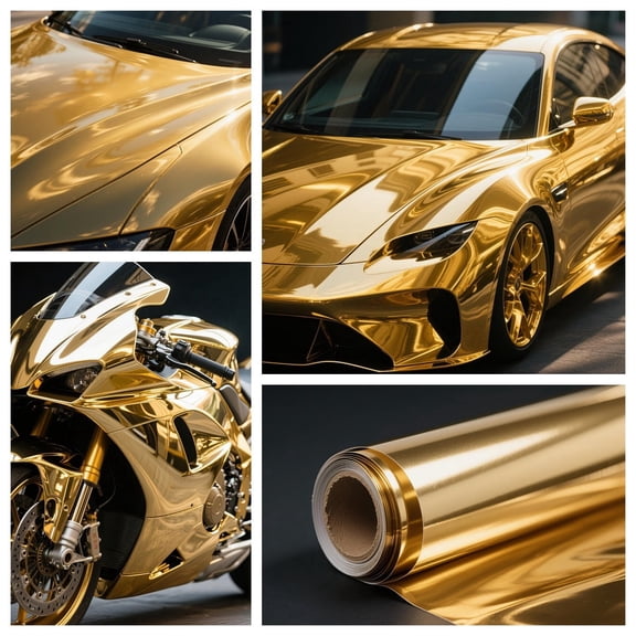 Stretchable Chrome Gold PVC Car Vinyl Wrap Film, 12"x 60" Self‑Adhesive Vehicle Decal Sticker