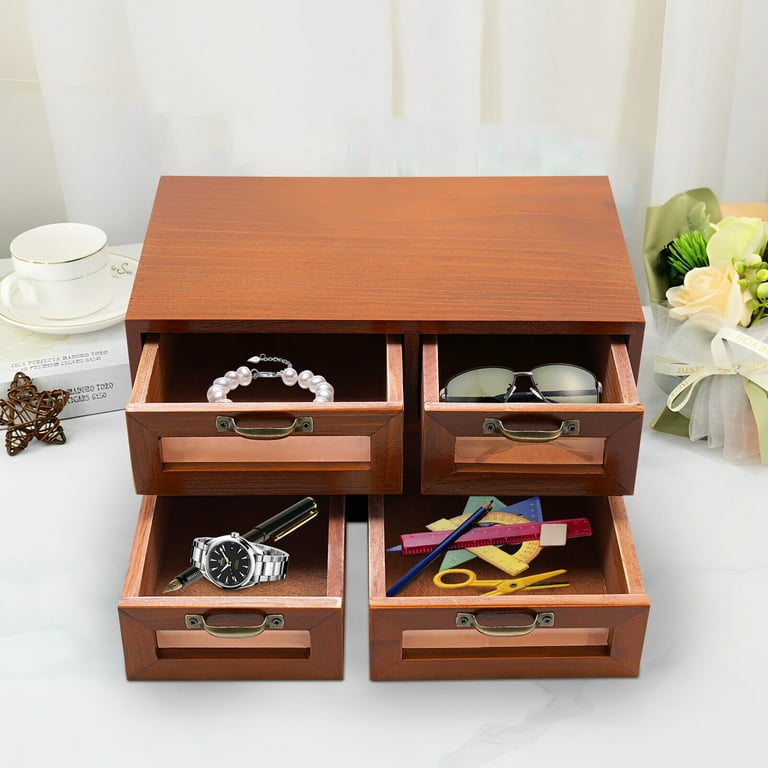 Wooden Desktop Drawer Organizer - 4 Lockable Drawers For Office & Home Storage