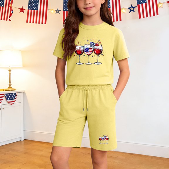 Amidoa Girls 2 Piece Outfits Summer Clothes Cotton Short Sleeve Floral Print T-Shirt and Casual Shorts Kids Clothing Sets Yellow Size 13