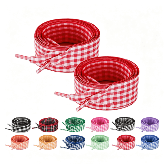 BZCOE 2 Pairs 25Mm Gingham Ribbon Shoelaces,Wide Checkered Plaid Shoe Strings,Cute Replacement Laces for Women Sneakers,Gingham Shoe Laces