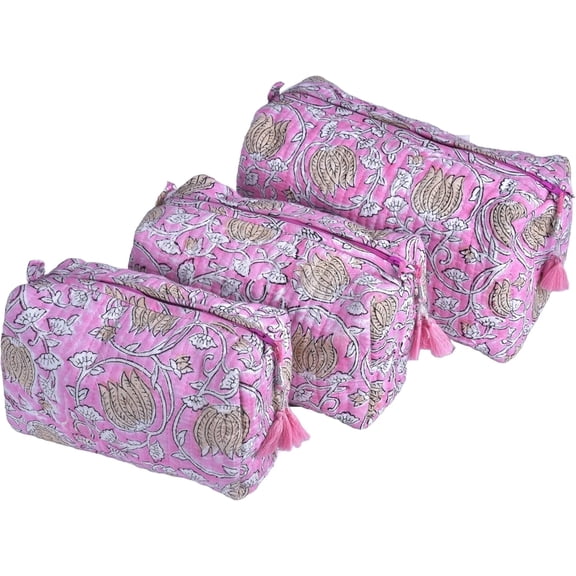 Vivanta Quilted Floral Block Print Makeup Bag Set of 3 – Cotton Travel Toiletry and Makeup Organizer, Cosmetic Pouch, Toiletry Bag for Women, Cute Boho Coquette Make Up Bags for Women