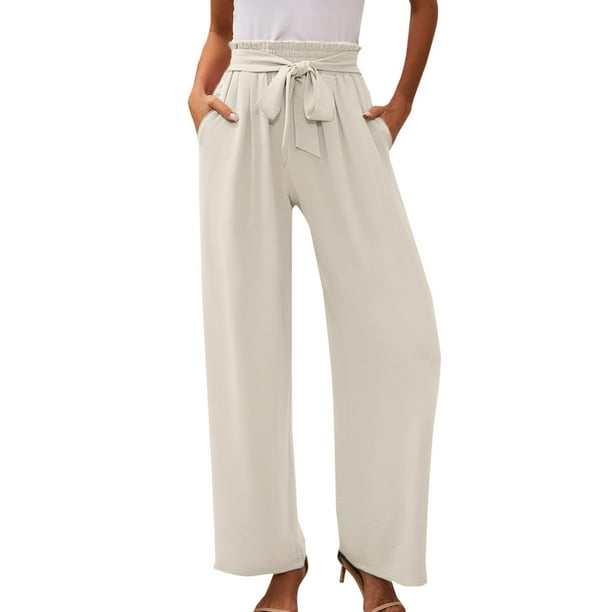 Gibobby Pantalones de pierna ancha para mujer Lightweiht cintura ajustable pajarita sueltos cómodos pantalones casuales con bolsillo (Beige, L)