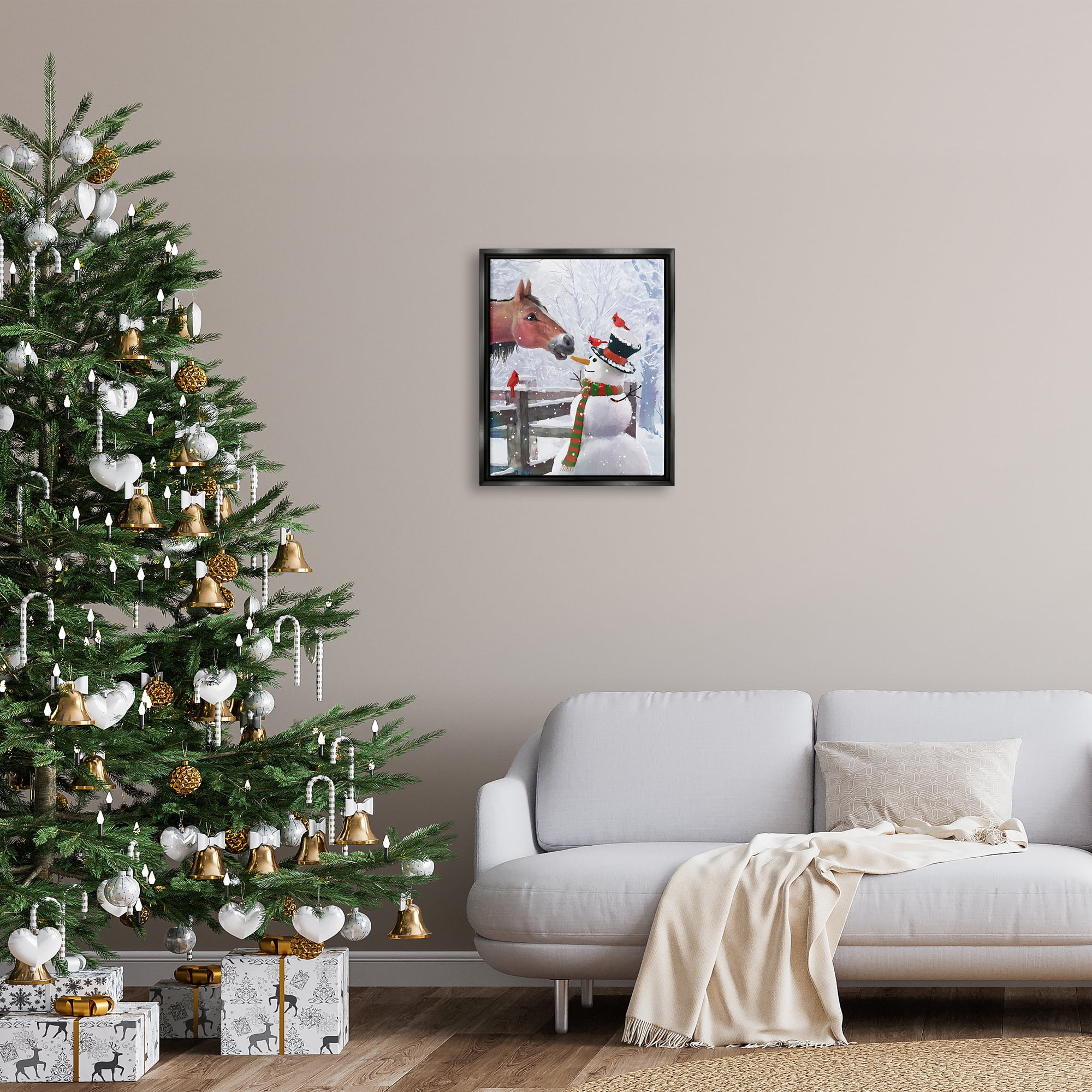Stupell Industries Horse Eating Snowman Carrot Scene Holiday Painting Black Floater Framed Art Print Wall Art