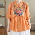 thumbnail image 3 of Hvot&aat Women's Ethnic Style Embroidered Tops 3/4 Lantern Sleeve Button Down Linen Blouse Loose Pleated Flowy Hem Shirts, 3 of 3