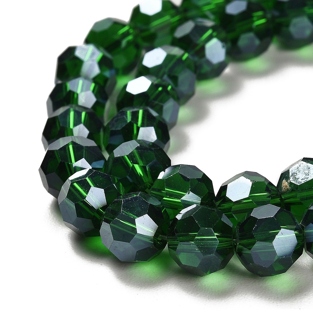 10Strand Electroplate Pearl Luster Plated Faceted(32 Facets) Glass Bead Strands Round Dark Green 8x7mm