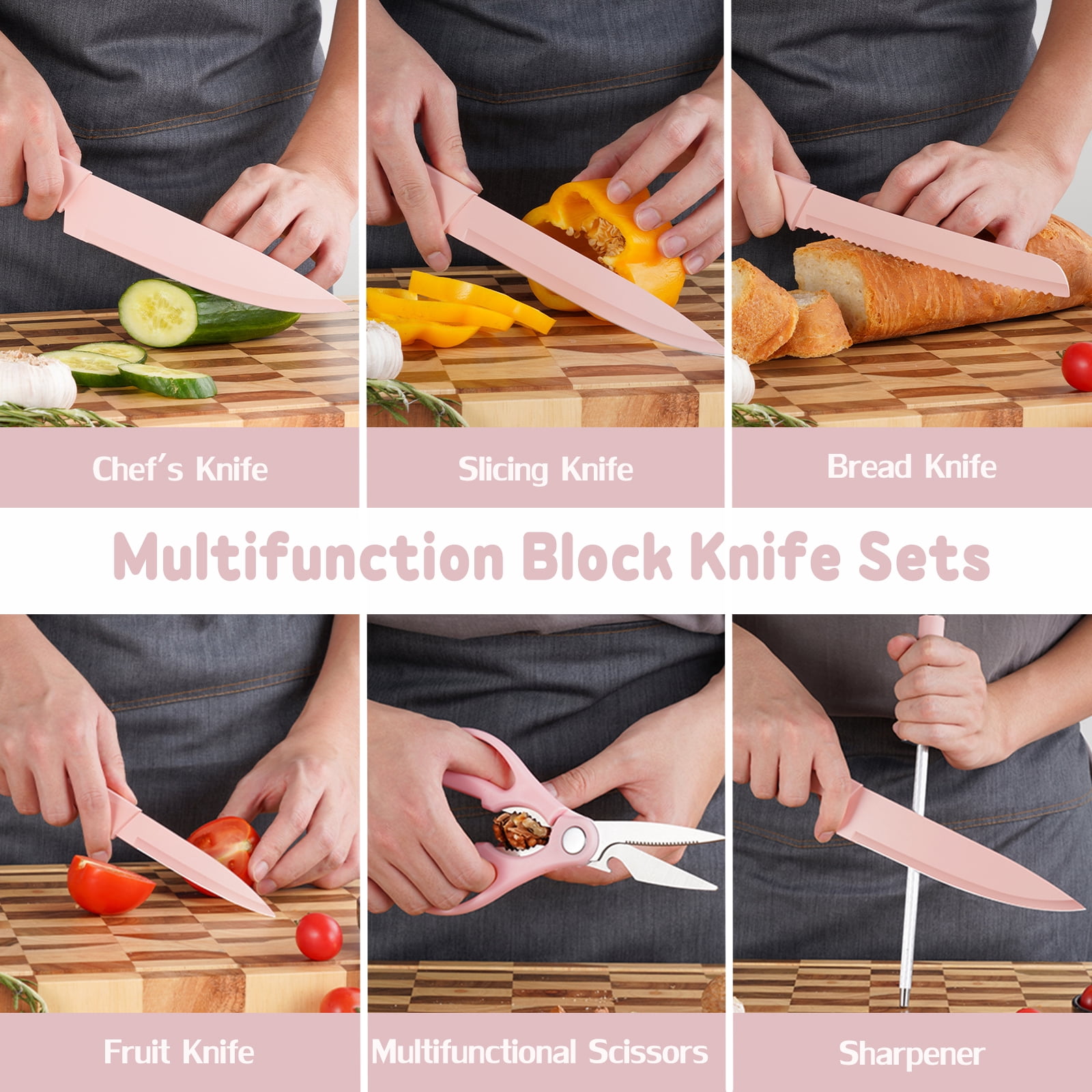 Kitchen Knife Set, 6-Pieces Golden Titanium Coated Knife Block Set with Wood Knife Block & Built-in Sharpener, Stainless Steel Sharp Chef Knife Set, Pink Knives Set for Home Kitchen